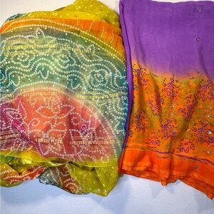 Vintage Multi-Color Dupatta Hand Beaded Long Wrap Scarves X2 46" Wide Length 6 Y